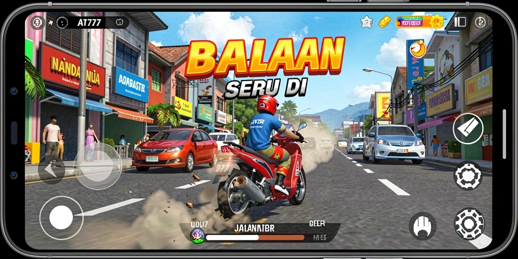 Screenshot utama AT777 menampilkan aksi balap yang mendebarkan.