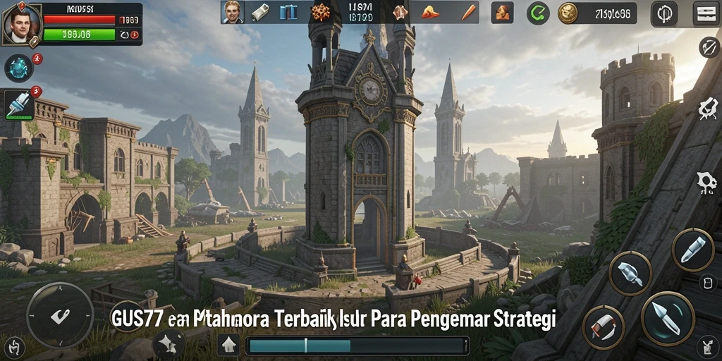 Screenshot gameplay GUS77 menampilkan menara dan musuh yang beragam.