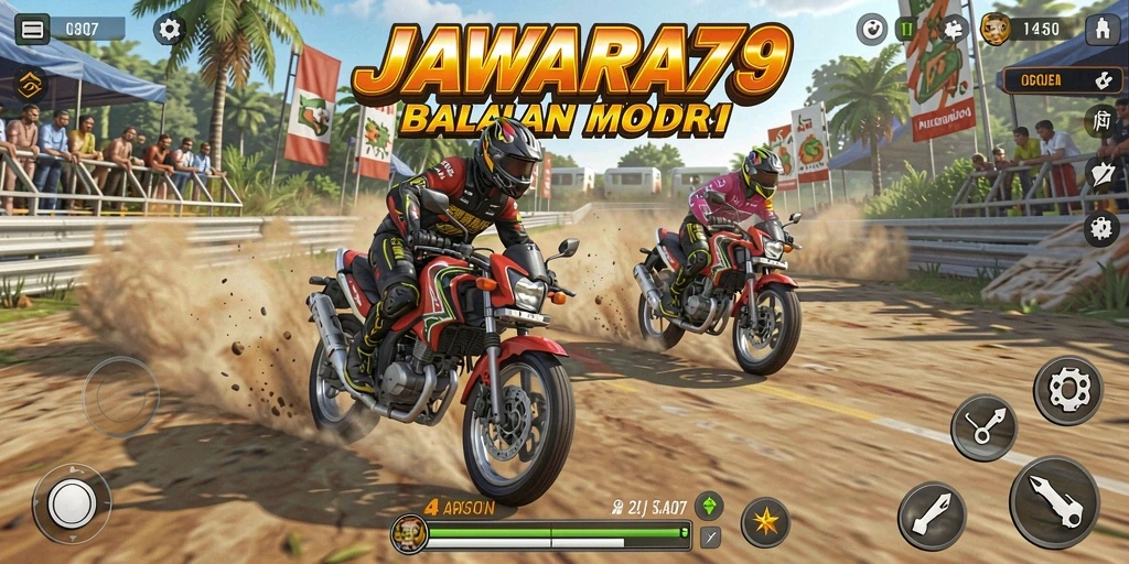 Tampilan gameplay seru di JAWARA79 dengan motor yang melaju kencang.
