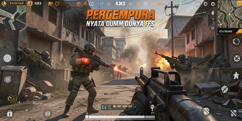 Screenshot K3K3 menampilkan aksi tembak-menembak yang intens di medan perang FPS.