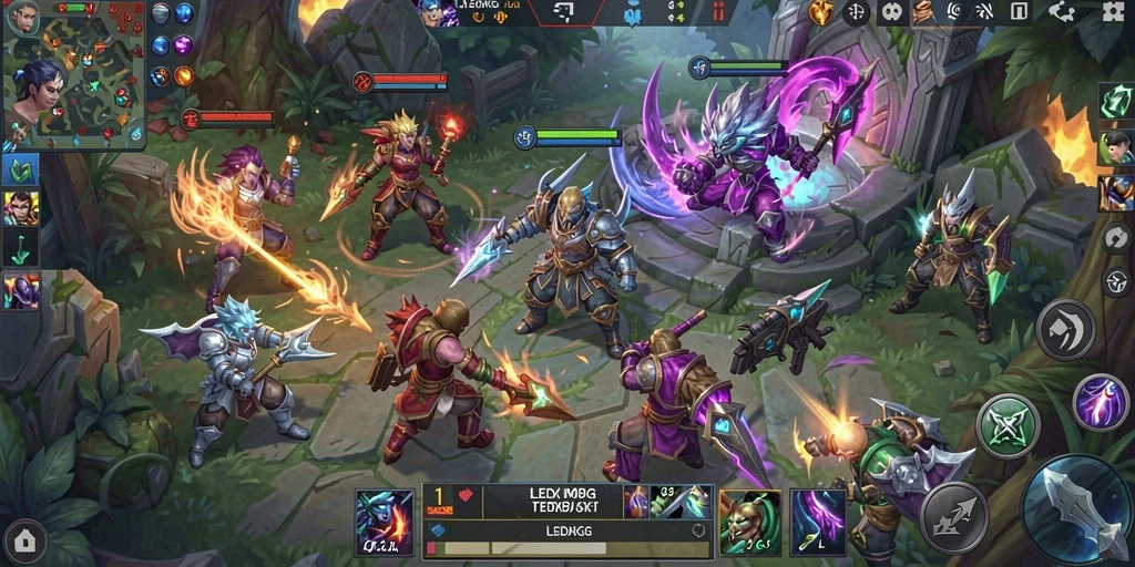 Tangkapan layar utama <strong>LEDAKGG</strong> yang menunjukkan aksi pertempuran seru dalam game MOBA.