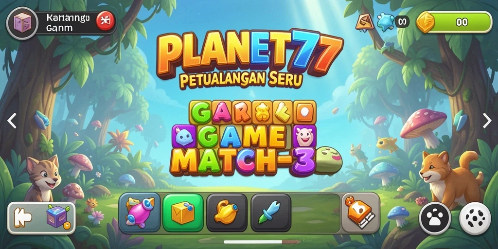 Screenshot utama PLANET77 menampilkan gameplay Match-3 yang menarik dan penuh warna.