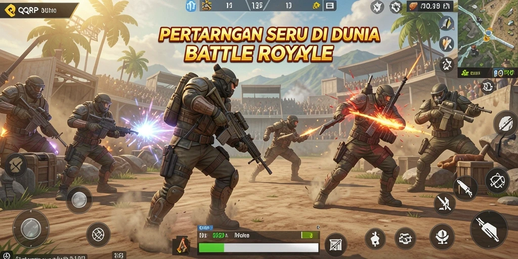 Screenshot utama menunjukkan aksi intens dalam gameplay Battle Royale QQRP.