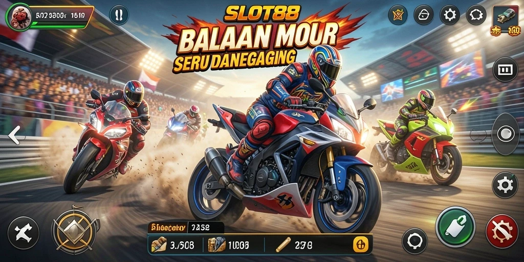 Screenshot menunjukkan aksi balapan motor yang intens dan mendebarkan.