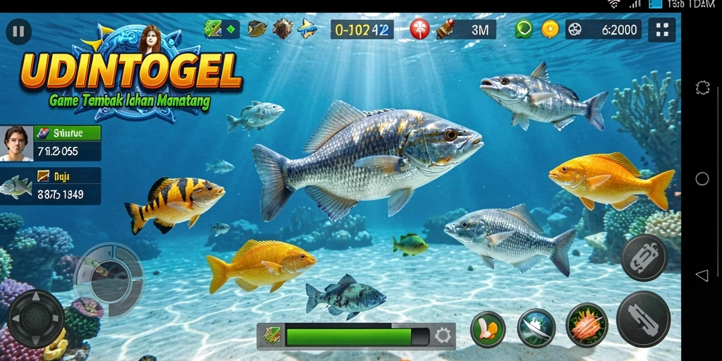 Screenshot gameplay UDINTOGEL menampilkan aksi menembak ikan yang seru.