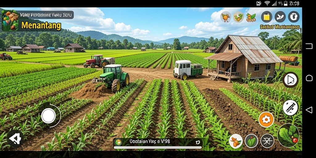 Tampilan gameplay menakjubkan dari V98 yang menunjukkan aktivitas pertanian.