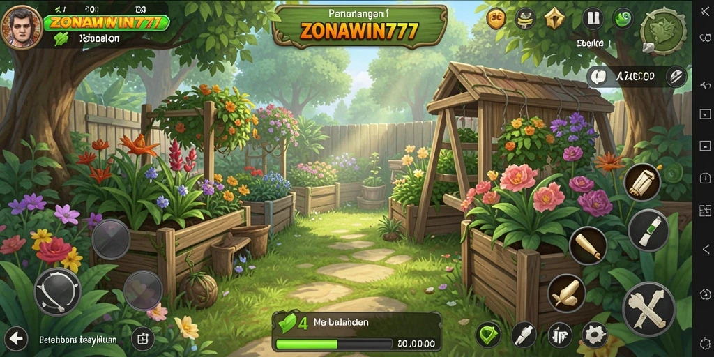 Tampilan screenshot ZONAWIN777 menampilkan kebun yang subur dan tanaman yang berwarna-warni.